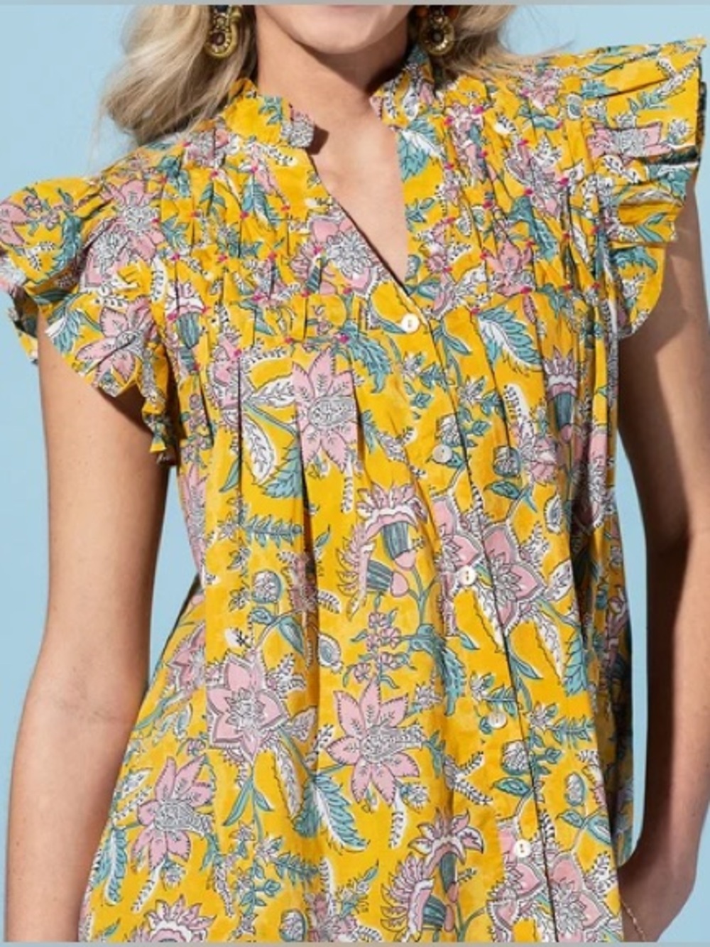 NWOT THML Yellow Floral Flutter Sleeve Top Women’s Small